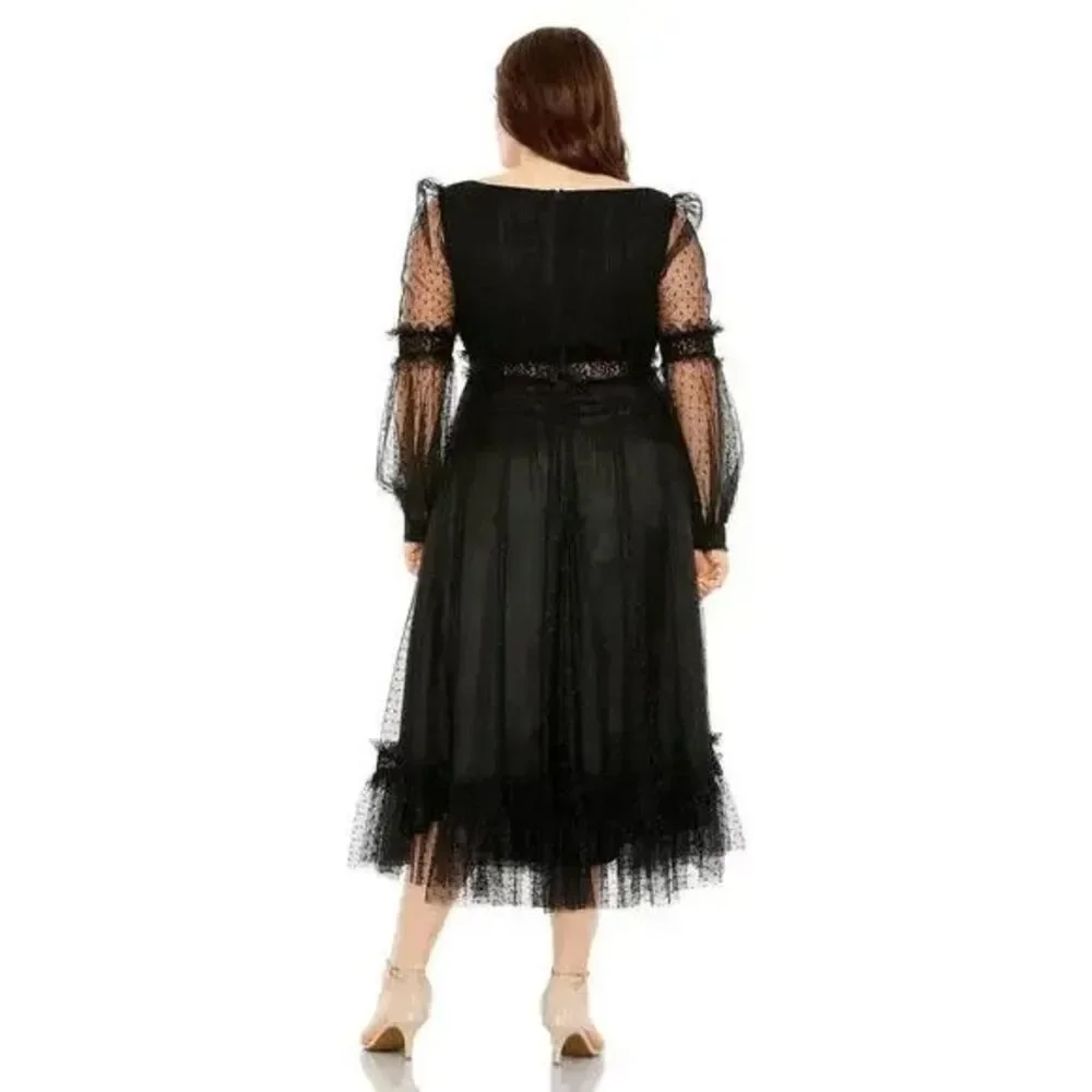 MAC‎ DUGGAL 68567 20W SHEER SLEEVE SWISS DOT BLACK MIDI DRESS BLACK - Picture 3 of 5